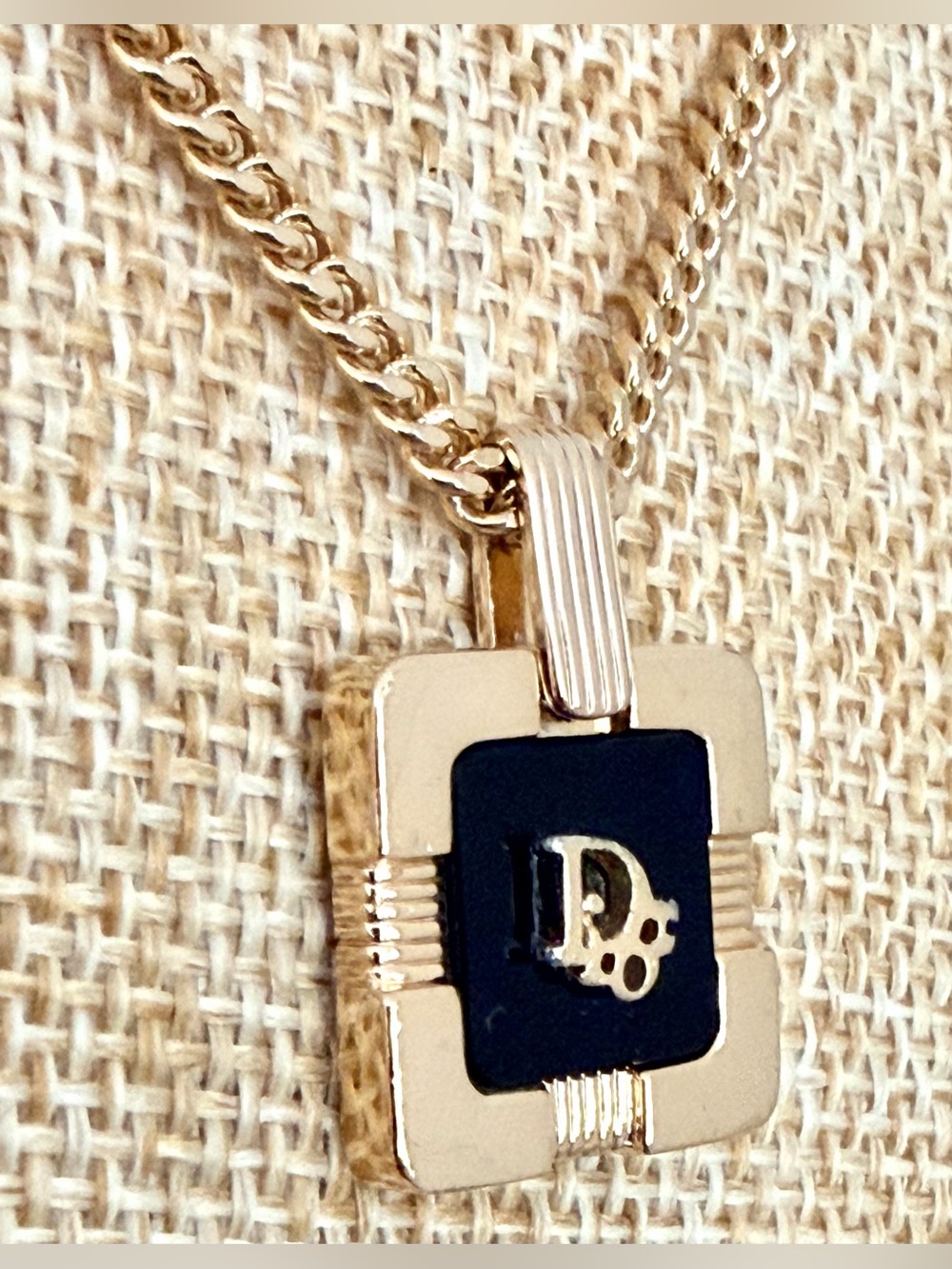 CHRISTIAN DIOR Vintage Black Enamel Logo Pendant Necklace Gold Tone Signed 18” R